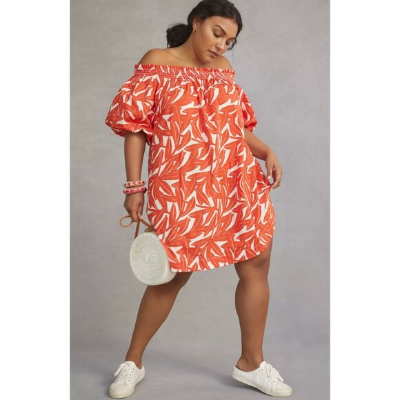 Anthropologie Whit Two Banana Leaf Off-The-Shoulder Tunic Dress Red white Medium - Picture 1 of 15